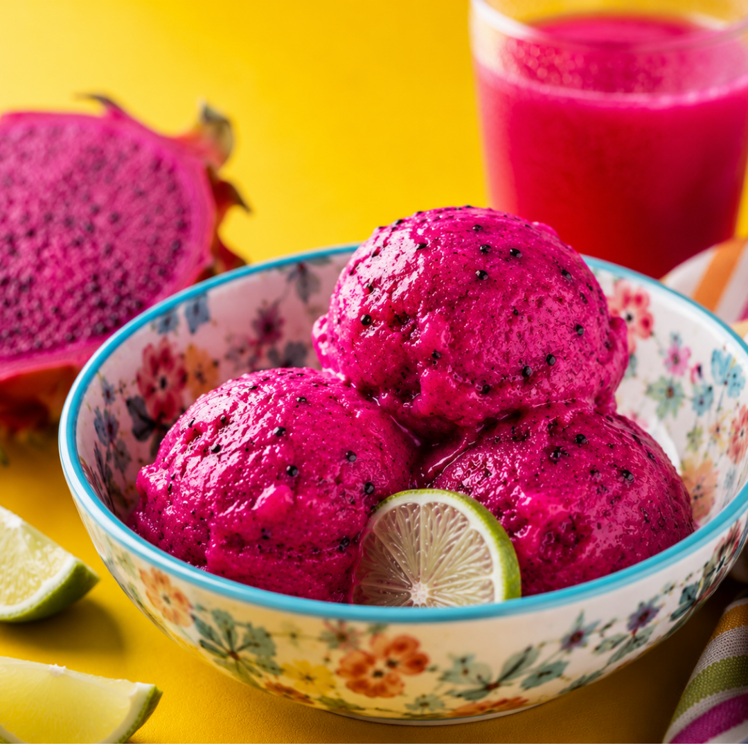 Three scoops of vibrant pink dragonfruit sorbet in a floral bowl with lime, dragonfruit, and pink juice on a bright yellow background.