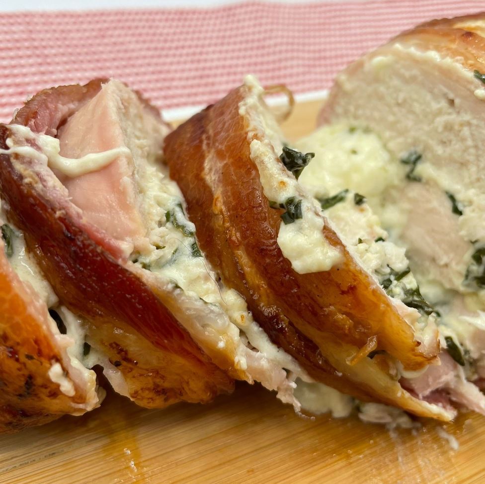 Bacon Wrapped Chicken and Creamy Spinach Meat Log