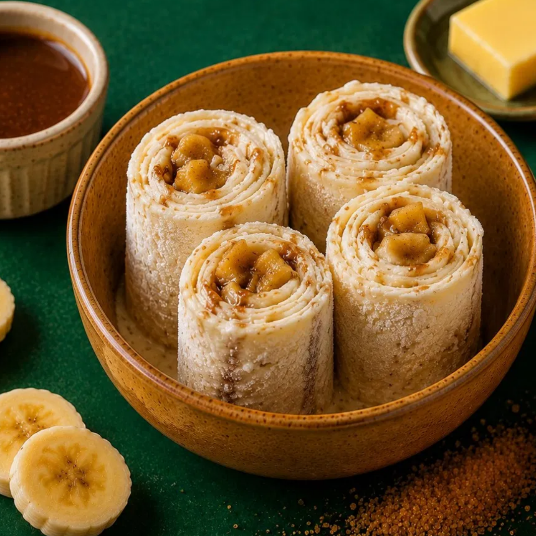 Four rolled ice cream cylinders served in a warm caramel-colored ceramic bowl, surrounded by fresh banana slices, brown sugar caramel sauce, a pat of butter, and brown sugar on an emerald green surface with a mustard yellow linen napkin.