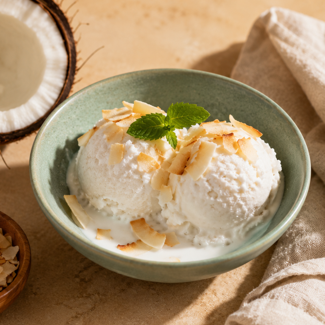 Two scoops of coconut milk ice cream in a sage green bowl with toasted coconut flakes and mint, beside a halved coconut and linen napkin on a sandy beige surface.