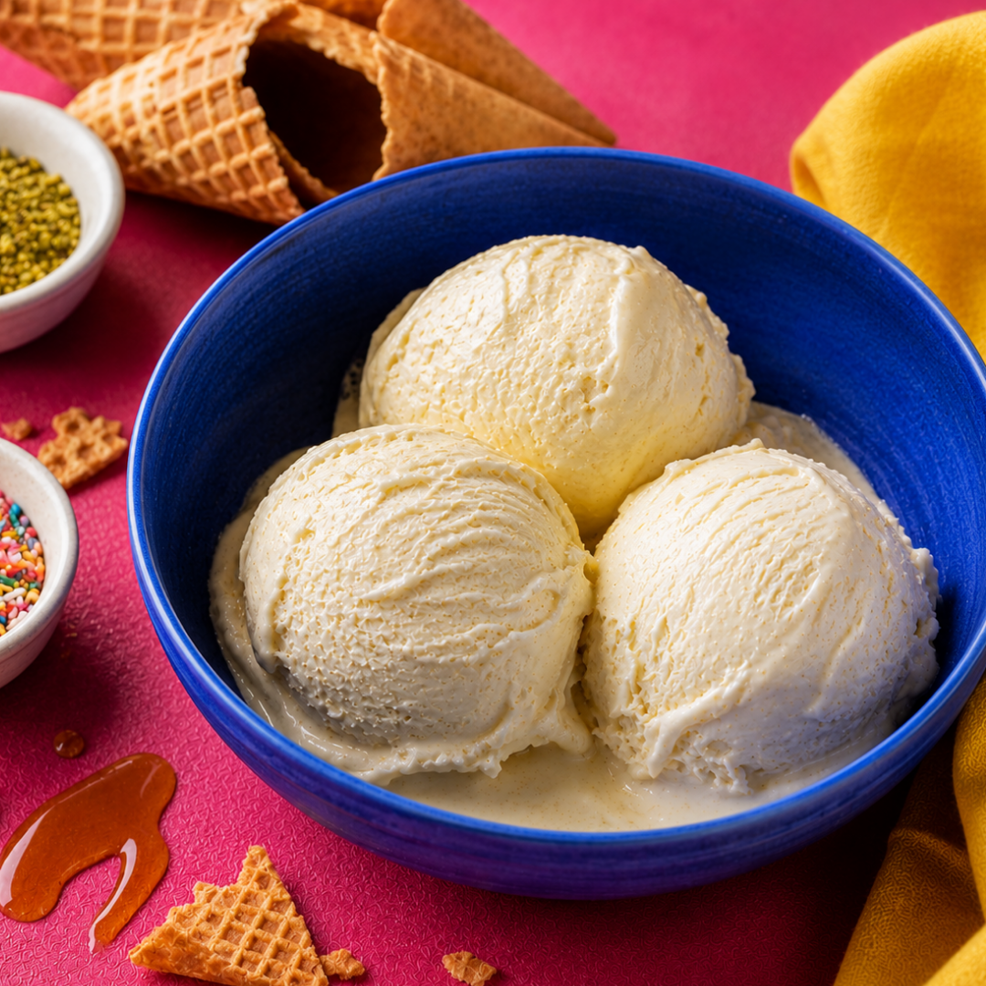 Three scoops of plain vanilla gelato in a bright blue bowl on a pink surface, surrounded by waffle cone pieces, pistachios, rainbow sprinkles, honey drizzle, and a yellow napkin.