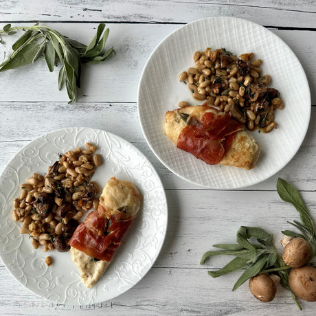 Chicken Saltimbocca with White Beans and Mushrooms