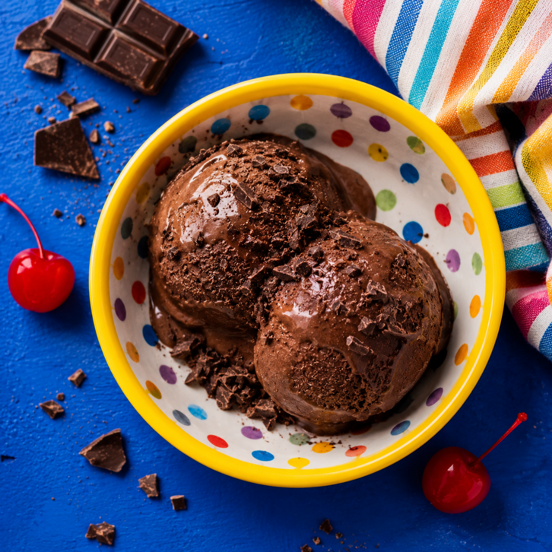 Overhead shot of two scoops of chocolate truffle custard-style ice cream in a white bowl with colorful polka dots and a yellow rim.