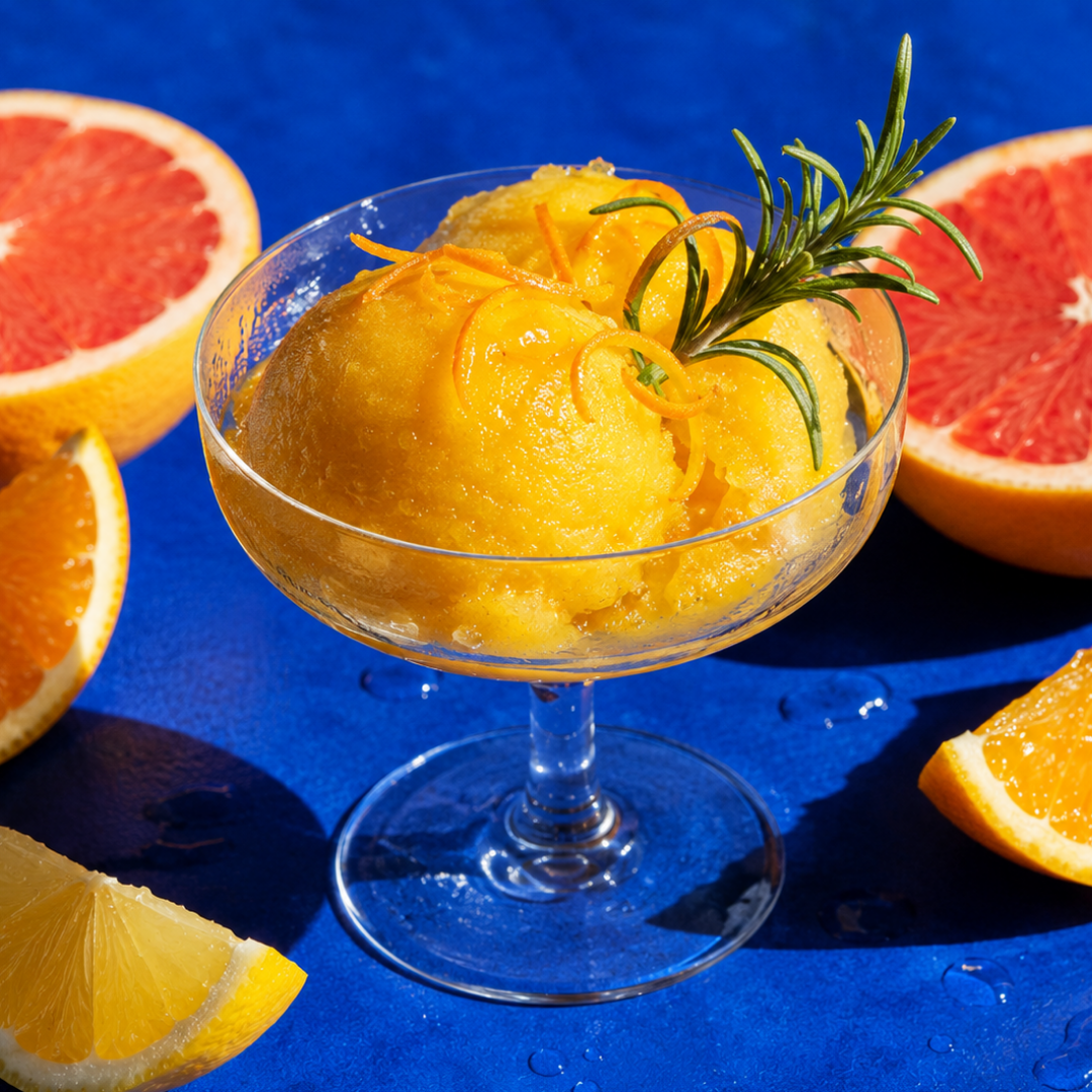 Two scoops of bright citrus sorbet in a coupe glass with orange zest and rosemary, surrounded by grapefruit, orange, and lemon slices on a cobalt blue surface.