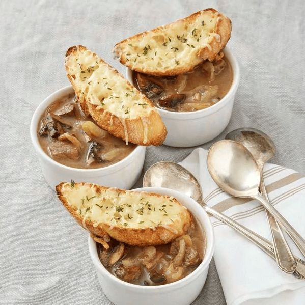 French Onion Beef & Mushroom Stew With Croutons