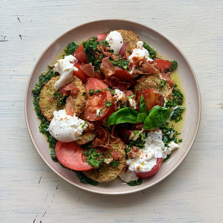 Fried Green Tomato Caprese with Basil Salsa Verde