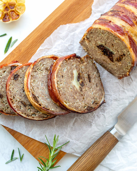 Bacon-Wrapped Meatloaf with Prunes and Mozzarella