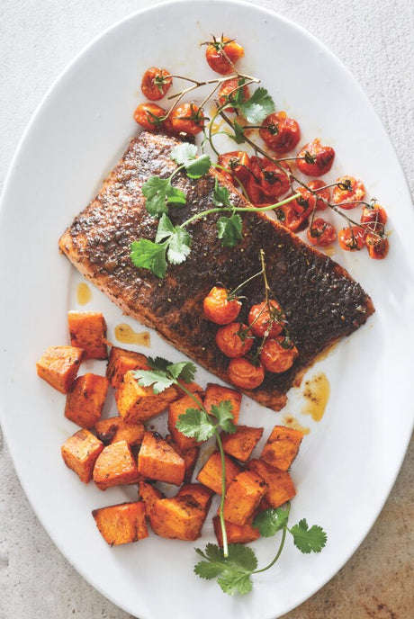 Jerk-Spiced Salmon, Tomatoes, and Sweet Potatoes