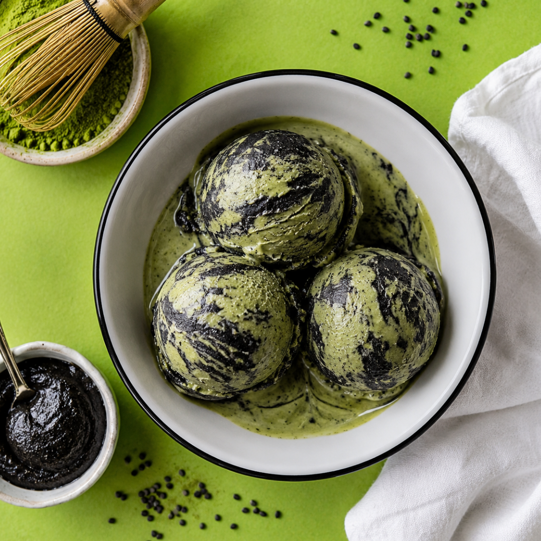 Top-down photo of matcha black sesame gelato scoops with dramatic green and black swirls in a white bowl, surrounded by matcha powder, black sesame paste, scattered sesame seeds, and a white linen napkin on a bright lime green surface.