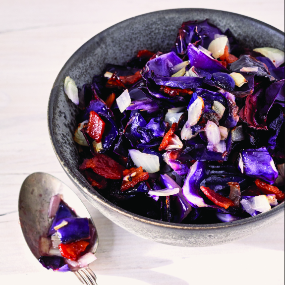 Roasted Red Cabbage with Bacon and Onions