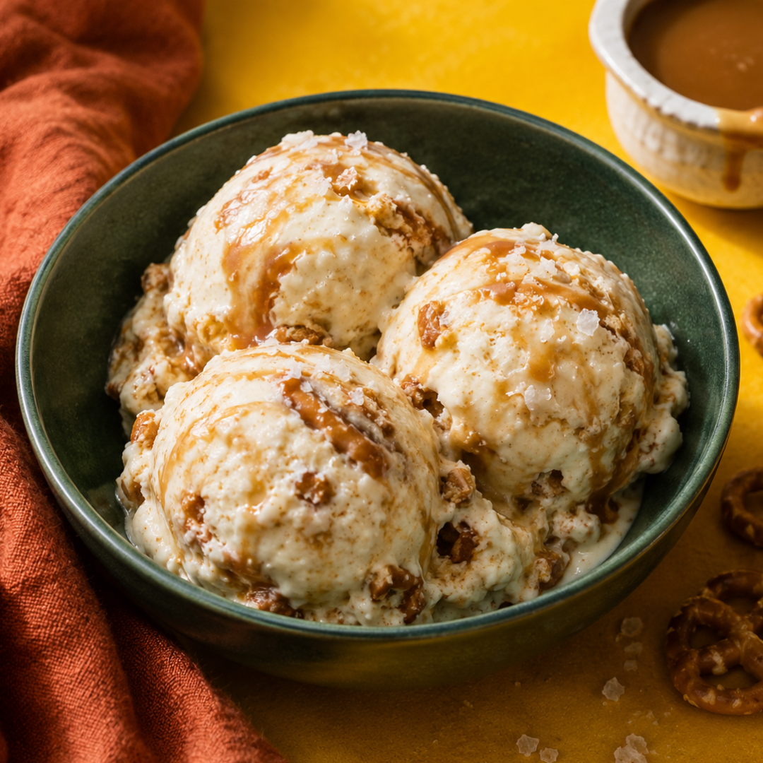 Salted caramel pretzel ice cream in a dark green bowl on a mustard yellow surface, topped with flaky sea salt and surrounded by caramel sauce, mini pretzels, and a rust orange napkin.