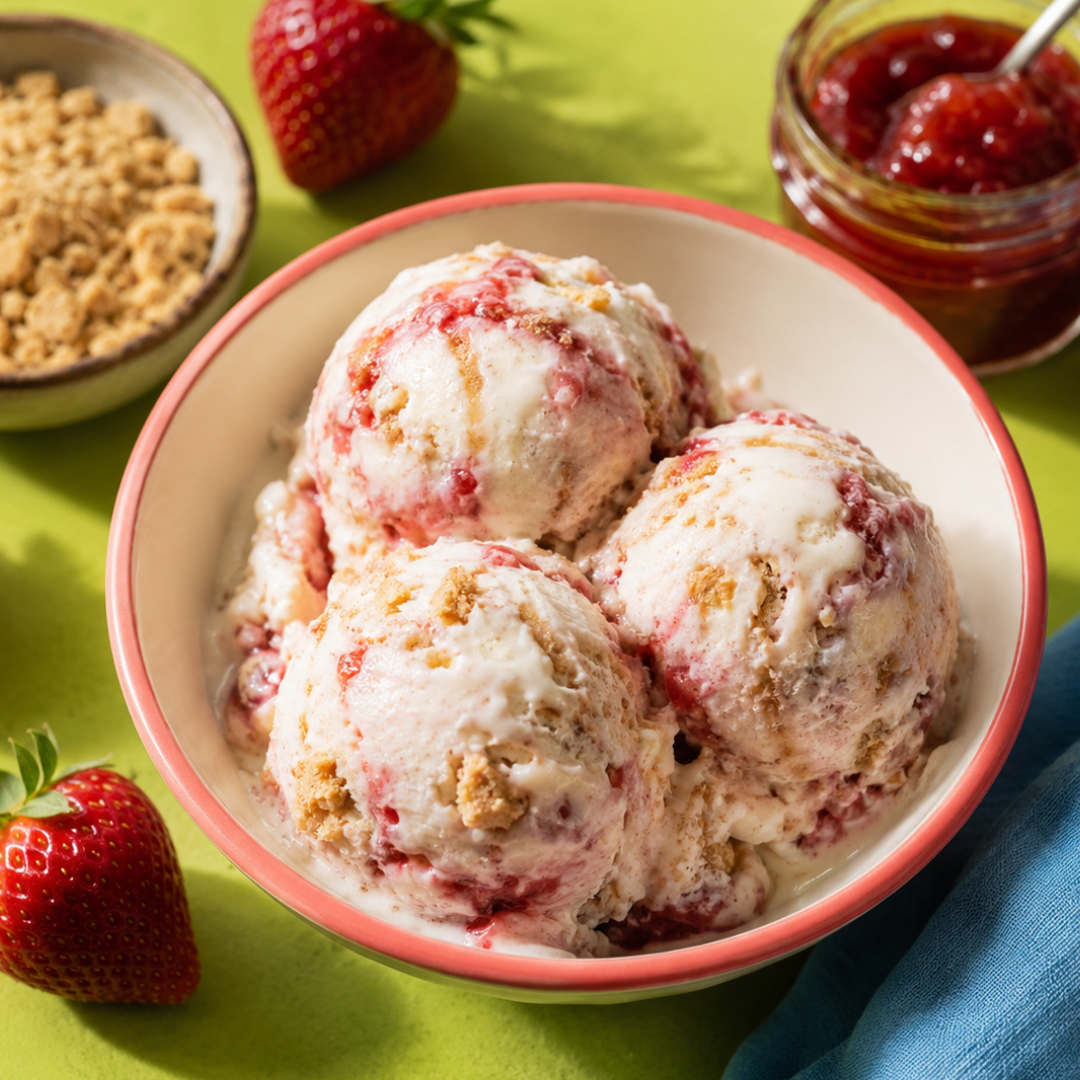 Strawberry cheesecake swirl ice cream in a white bowl with a coral rim on a lime green surface, surrounded by fresh strawberries, crushed graham crackers, strawberry jam, and a blue napkin.