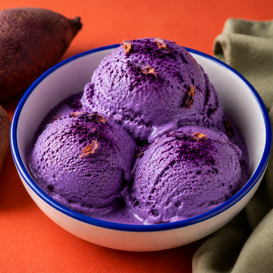 Three scoops of vibrant purple ube ice cream in a white bowl with a cobalt blue rim, lightly melting and topped with purple yam powder and dried flower petals on a bright coral orange surface.
