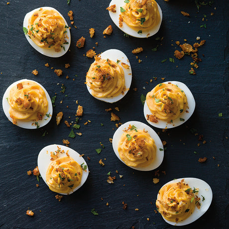 Sriracha Deviled Eggs with Spicy Bread Crumbs