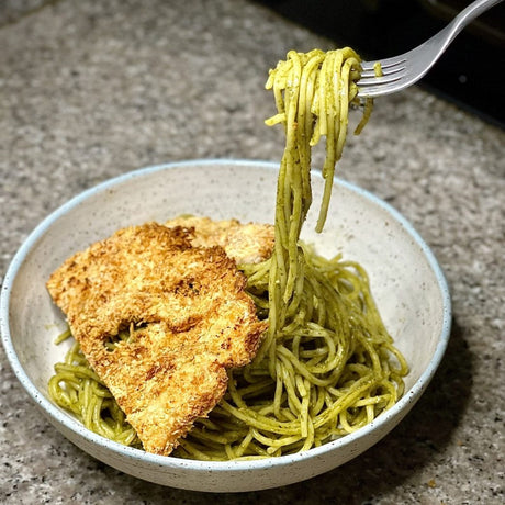 Chicken Milanese with Pesto Noodles
