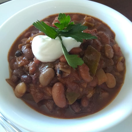 Slow Cooked Coffee & Cocoa Spiced Three Bean Chili