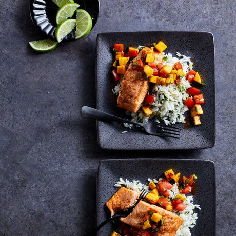 Jerk Salmon with Coconut-Lime Rice and Mango Salsa