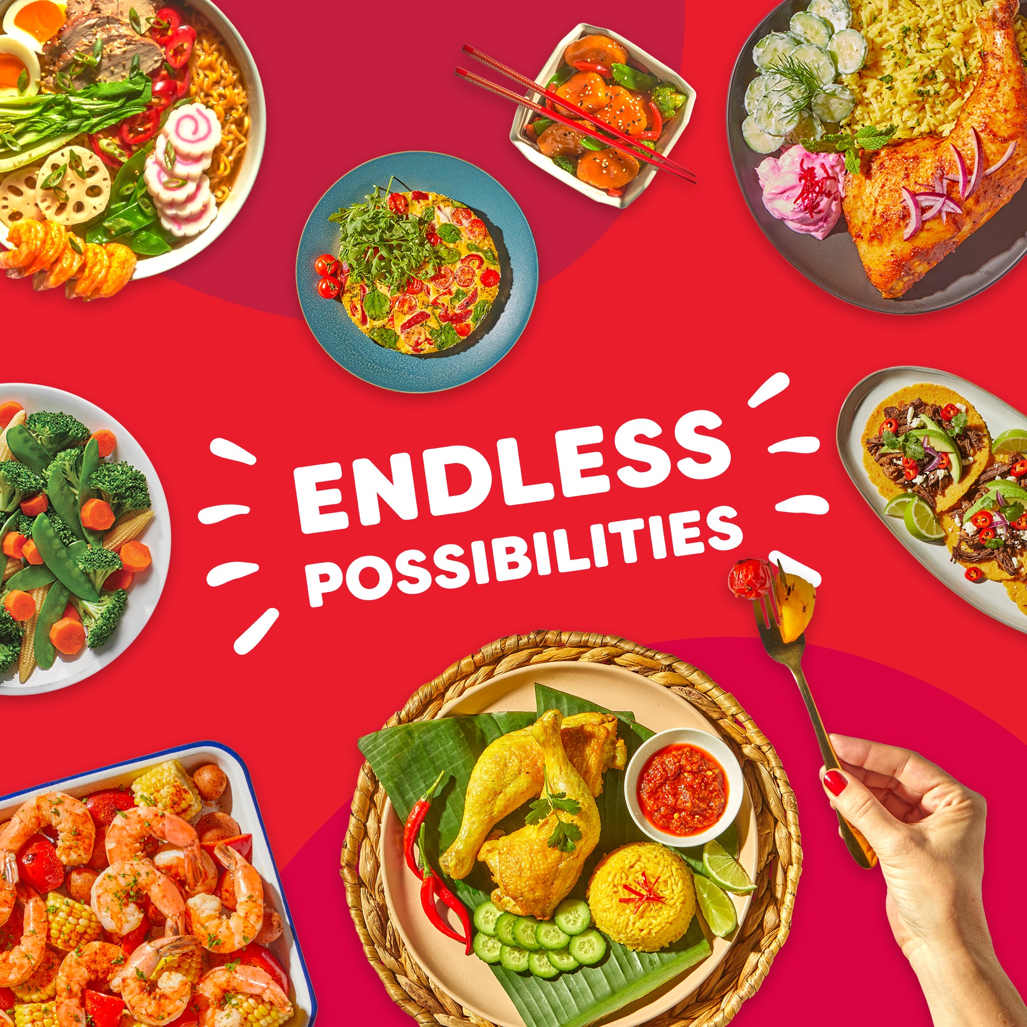 Vibrant image with the phrase 'Endless Possibilities' in bold white text at the center, surrounded by various colorful international dishes including tacos, chicken with rice, shrimp boil, ramen, stir-fried vegetables, and an omelet. A hand holding a fork with food emphasizes the variety of meals that can be made.