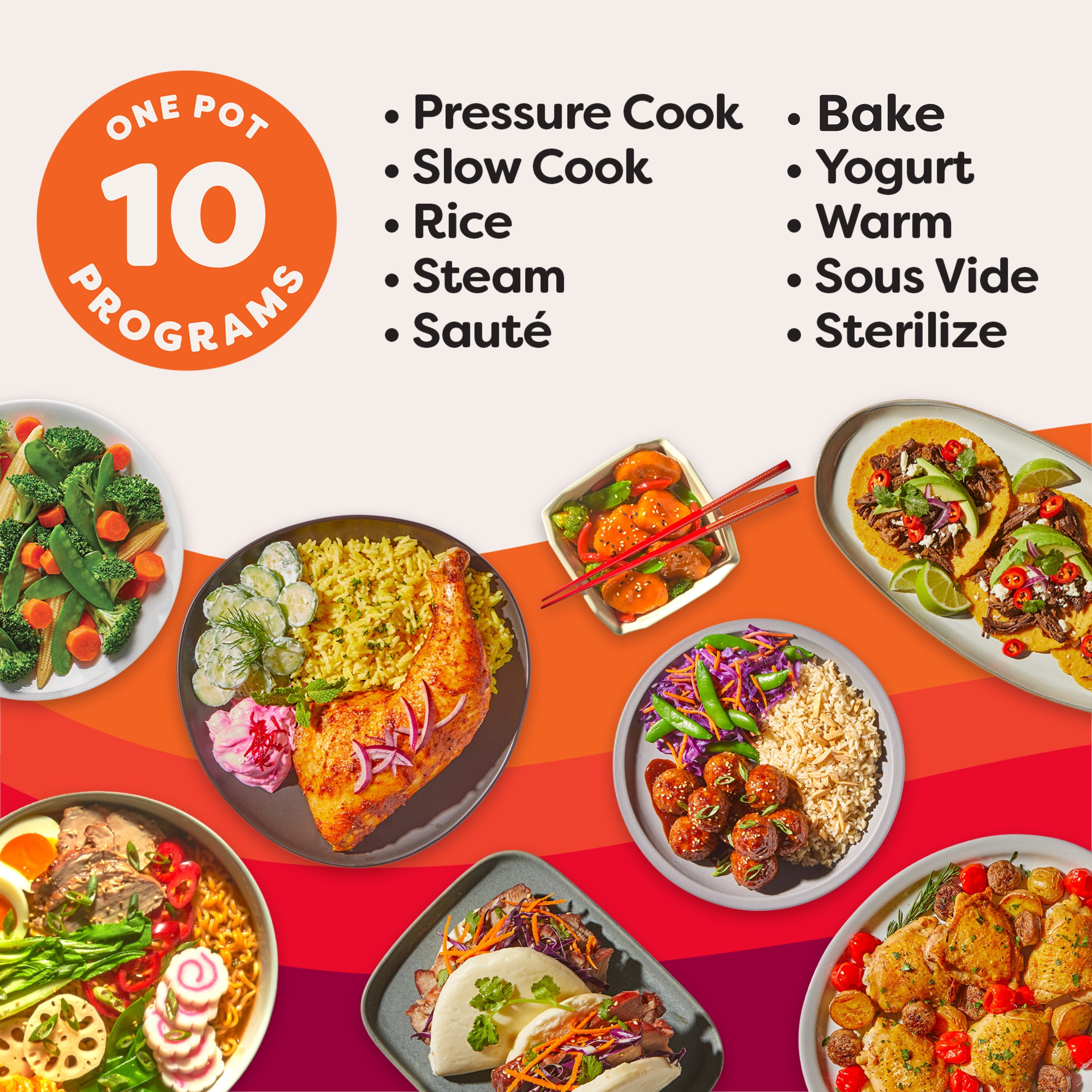 Promotional graphic listing 10 one-pot cooking programs: Pressure Cook, Slow Cook, Rice, Steam, Sauté, Bake, Yogurt, Warm, Sous Vide, and Sterilize. Colorful international dishes, including tacos, grilled chicken with rice, ramen, stir-fried vegetables, and dumplings, are arranged around the text on a vibrant orange and red wave background.