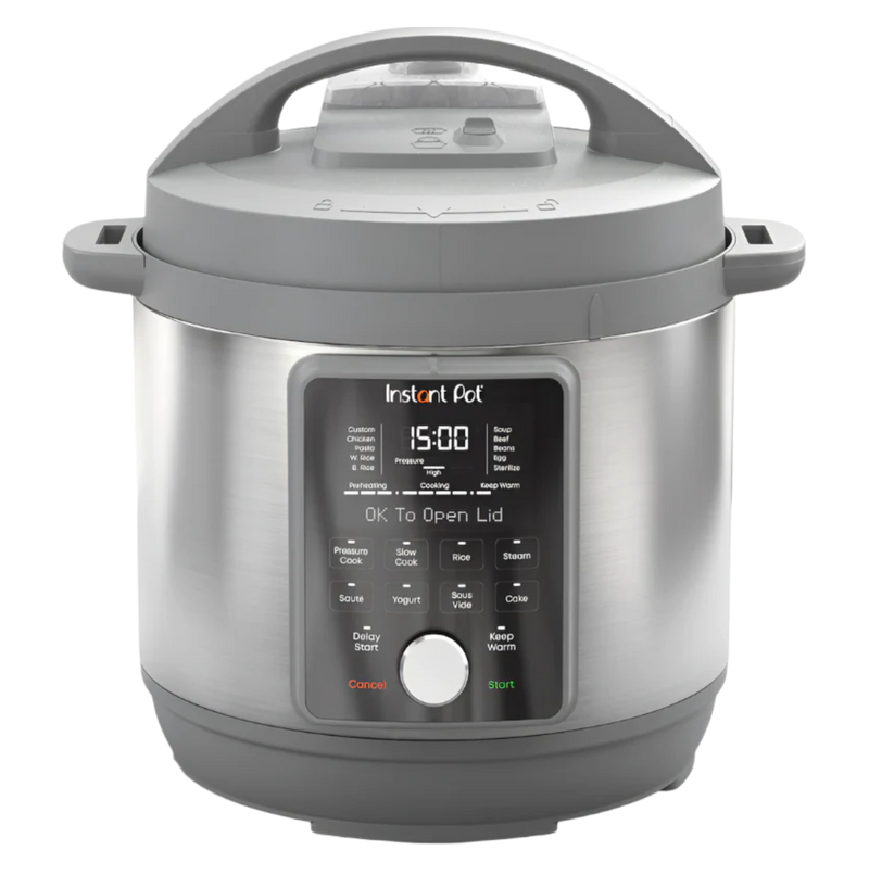 Front view of Duo Plus 6 quart Instant Pot Electric pressure Cooker, silver color