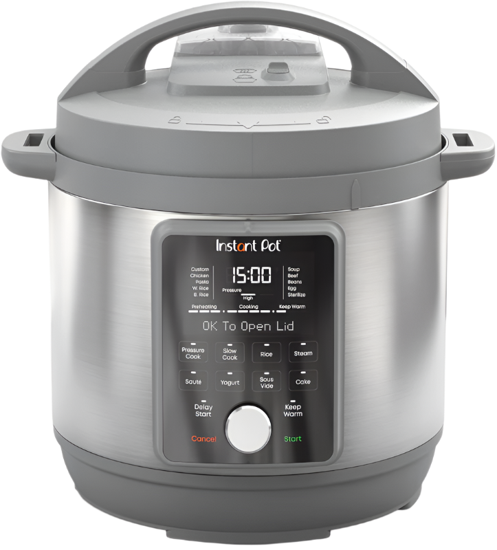 front view of Duo Plus 6 quart Instant Pot Electric pressure Cooker, silver color