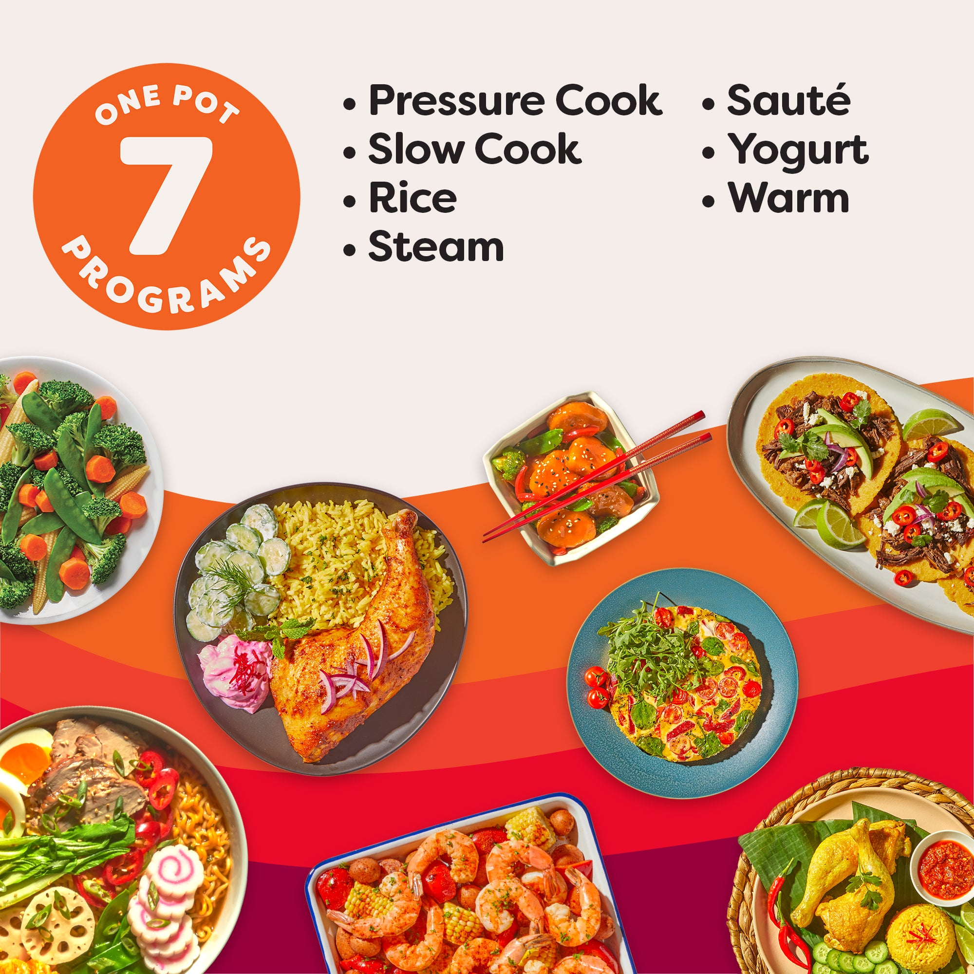 Colorful dishes surround text listing seven Instant Pot programs: Pressure Cook, Slow Cook, Rice, Steam, Sauté, Yogurt, Warm.