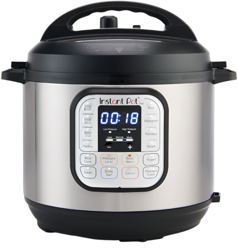 Instant Pot Duo 6-quart electric pressure cooker with digital display set to 18 minutes and multiple cooking modes.