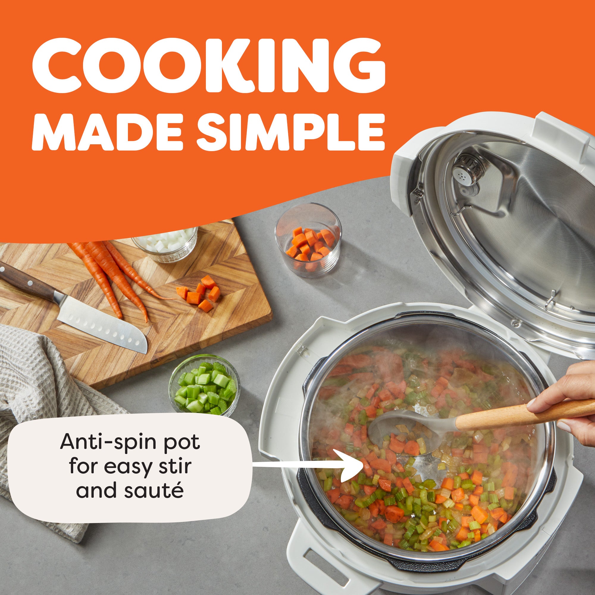 Pressure cooker with vegetables being stirred, labeled 'Cooking Made Simple' and 'Anti-spin pot for easy stir and saçé'.