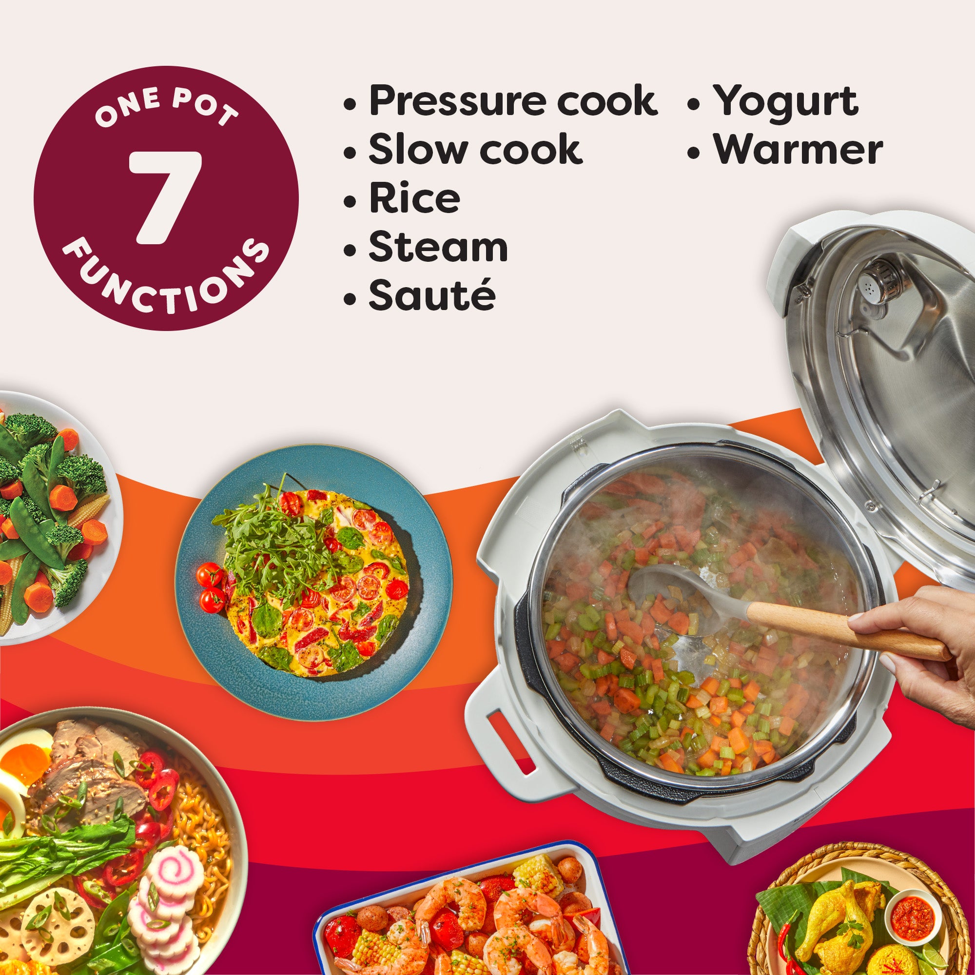 Multifunctional pressure cooker with various dishes and text highlighting its features.