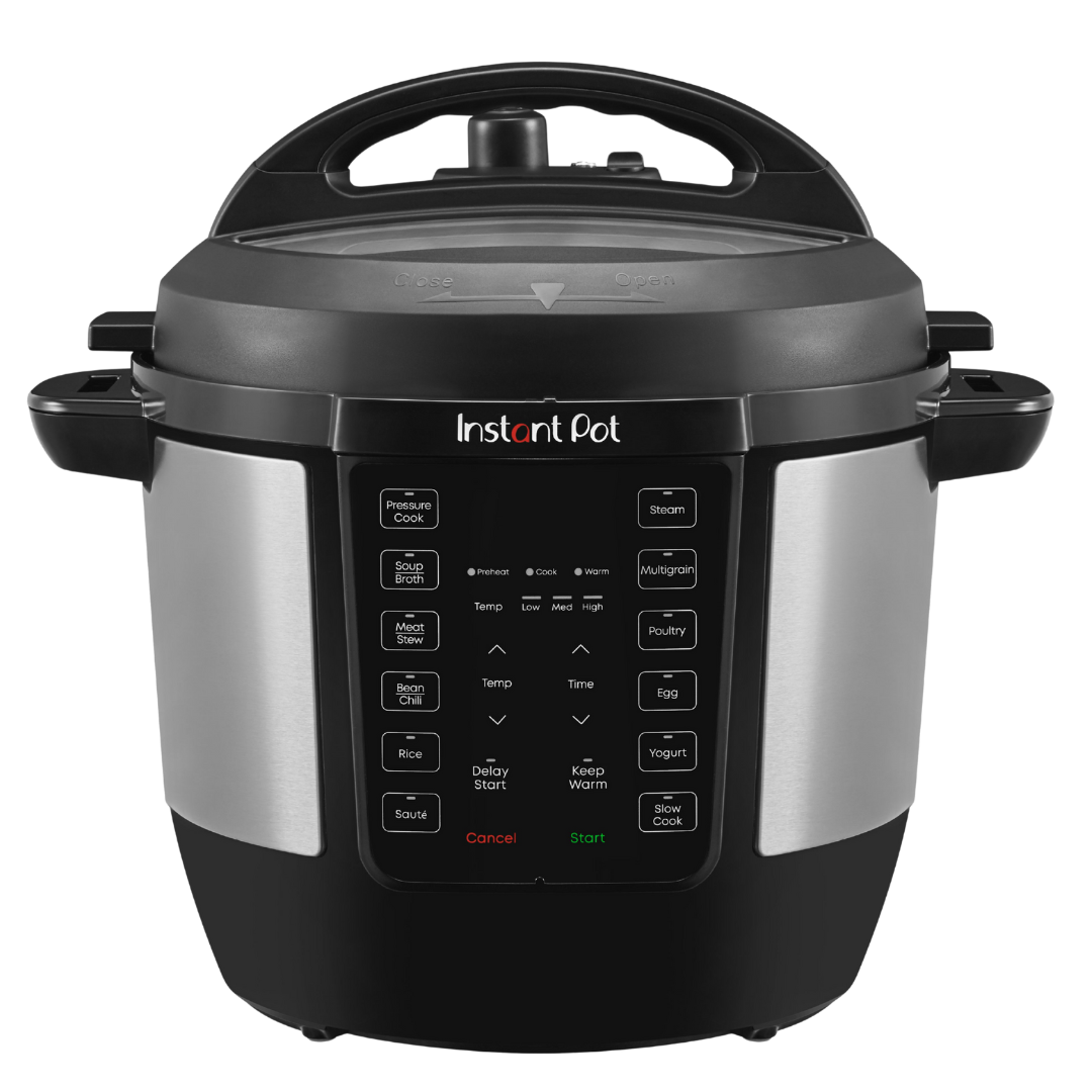 Alt text: Front-facing view of the Instant Pot® 6QT RIO™ Gourmet multi-cooker in black and stainless steel. The appliance features a black control panel with labeled cooking programs including Pressure Cook, Soup/Broth, Meat/Stew, Bean/Chili, Rice, Sauté, Steam, Multigrain, Poultry, Egg, Yogurt, and Slow Cook, along with temperature and time adjustment buttons, Delay Start, Keep Warm, Cancel, and Start. The lid is attached with a handle on top and markings indicating “Close” and “Open."