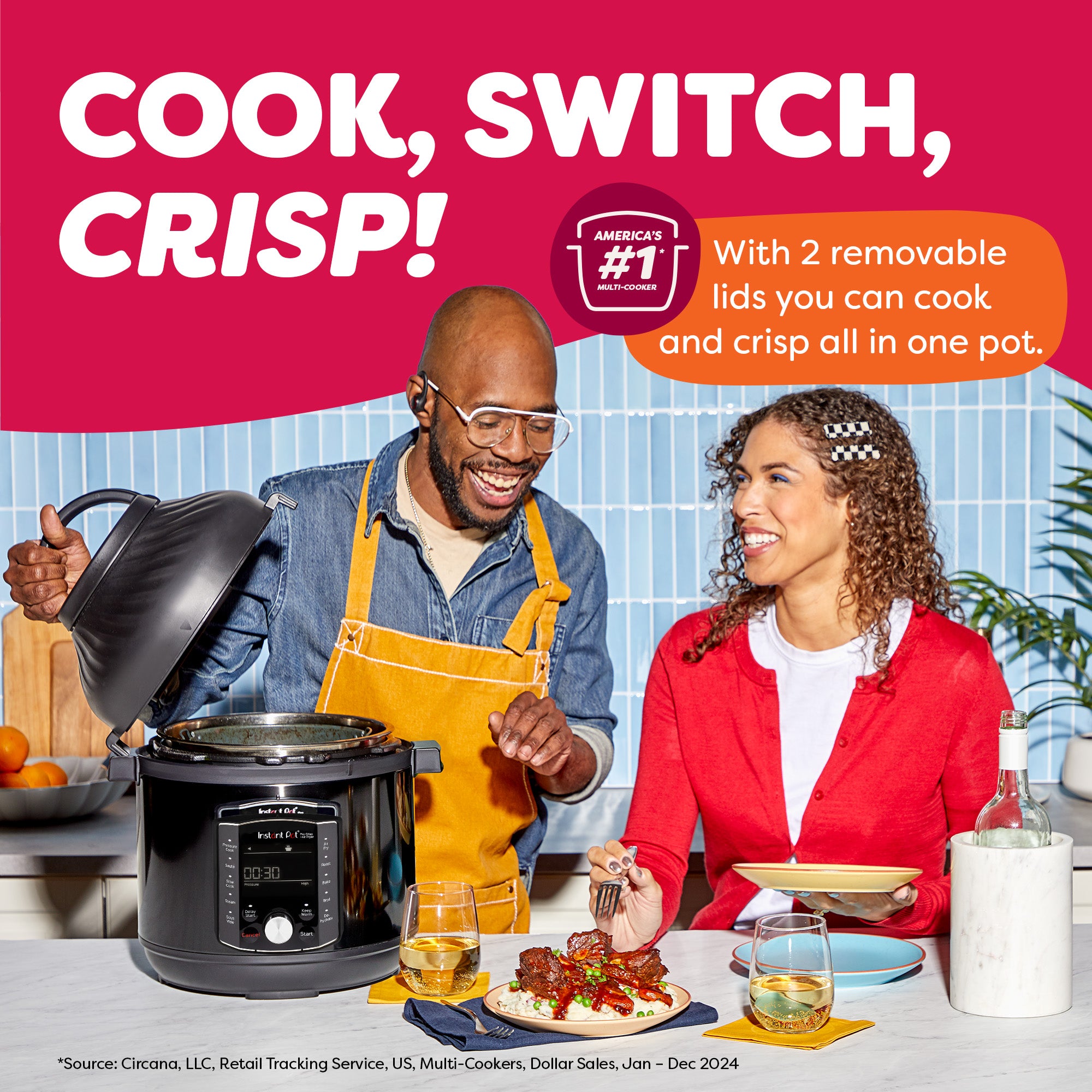 Man and woman smiling in a kitchen while cooking with an Instant Pot and enjoying a meal together. Text on the image highlights that the pot comes with two lids for cooking and crisping in one appliance.