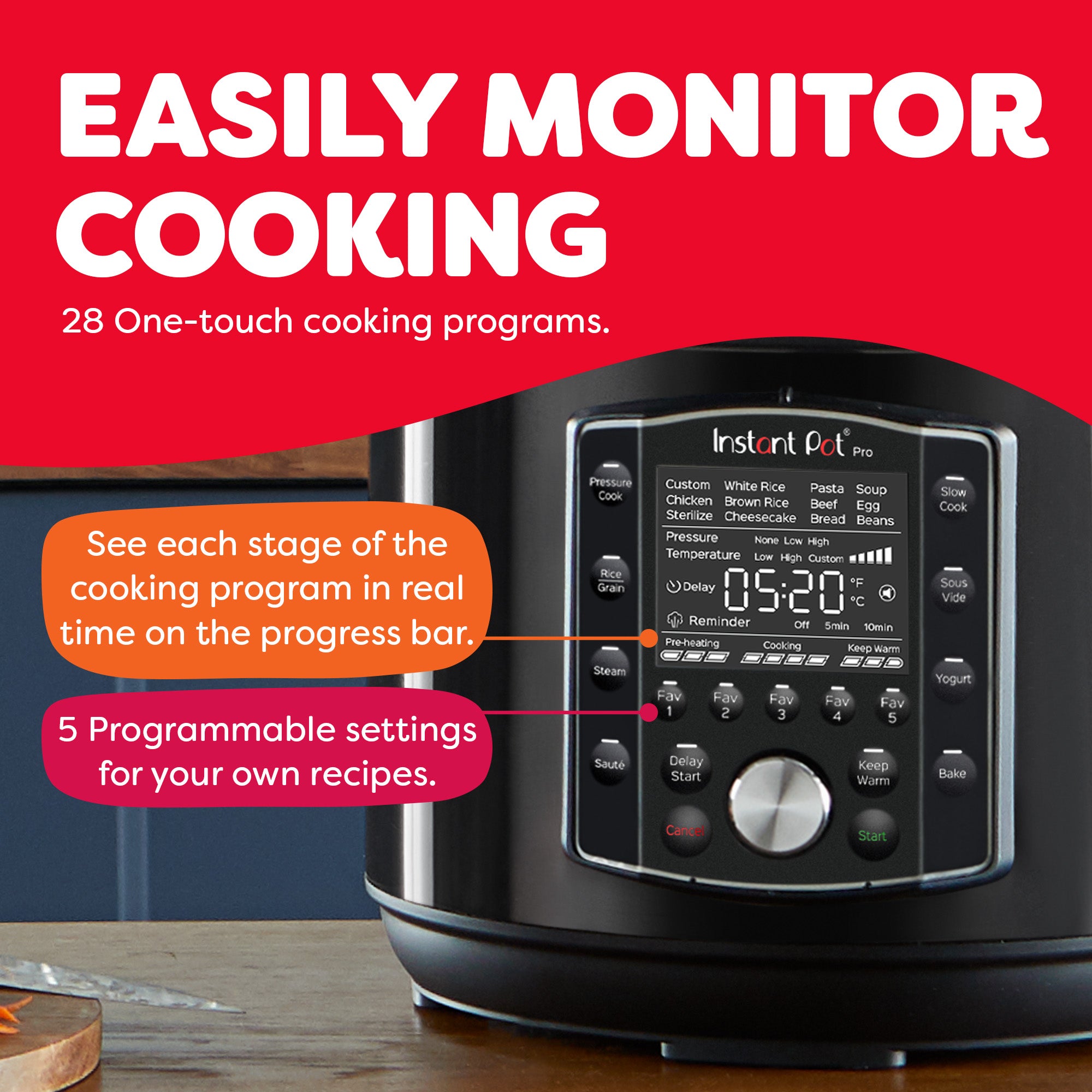 Close-up of the Instant Pot Pro control panel showing 28 one-touch cooking programs, real-time progress bar, and 5 programmable recipe settings. Text highlights easy monitoring during cooking.
