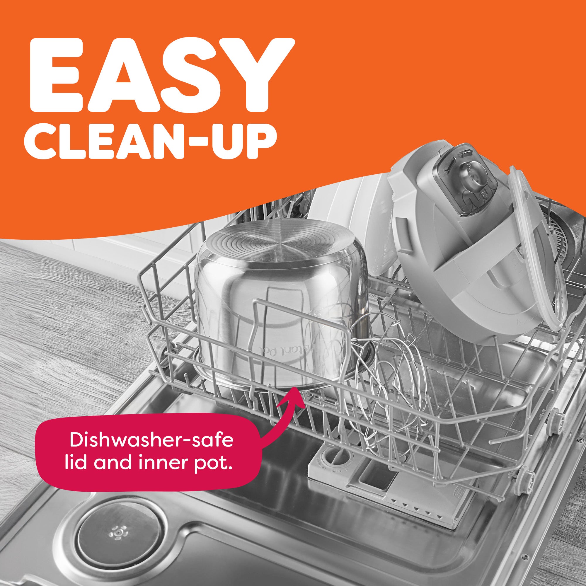 Instant Pot Duo Plus lid and stainless steel inner pot placed in a dishwasher. Text highlights that both parts are dishwasher-safe for easy cleanup.