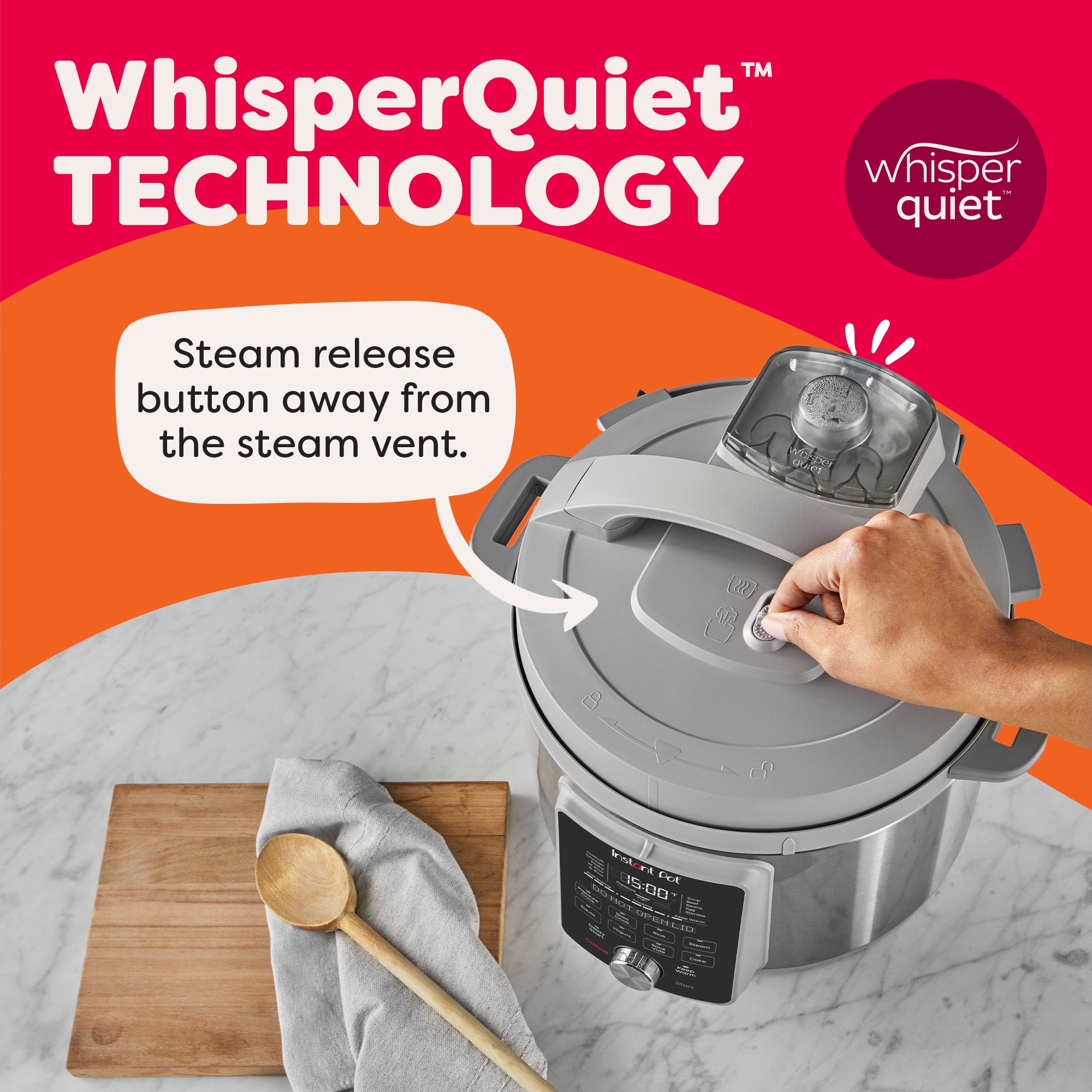 Top view of an Instant Pot Duo Plus with a hand pressing the steam release button, highlighting WhisperQuiet Technology and a safe design that keeps the button away from the steam vent. A wooden spoon and cutting board are nearby.