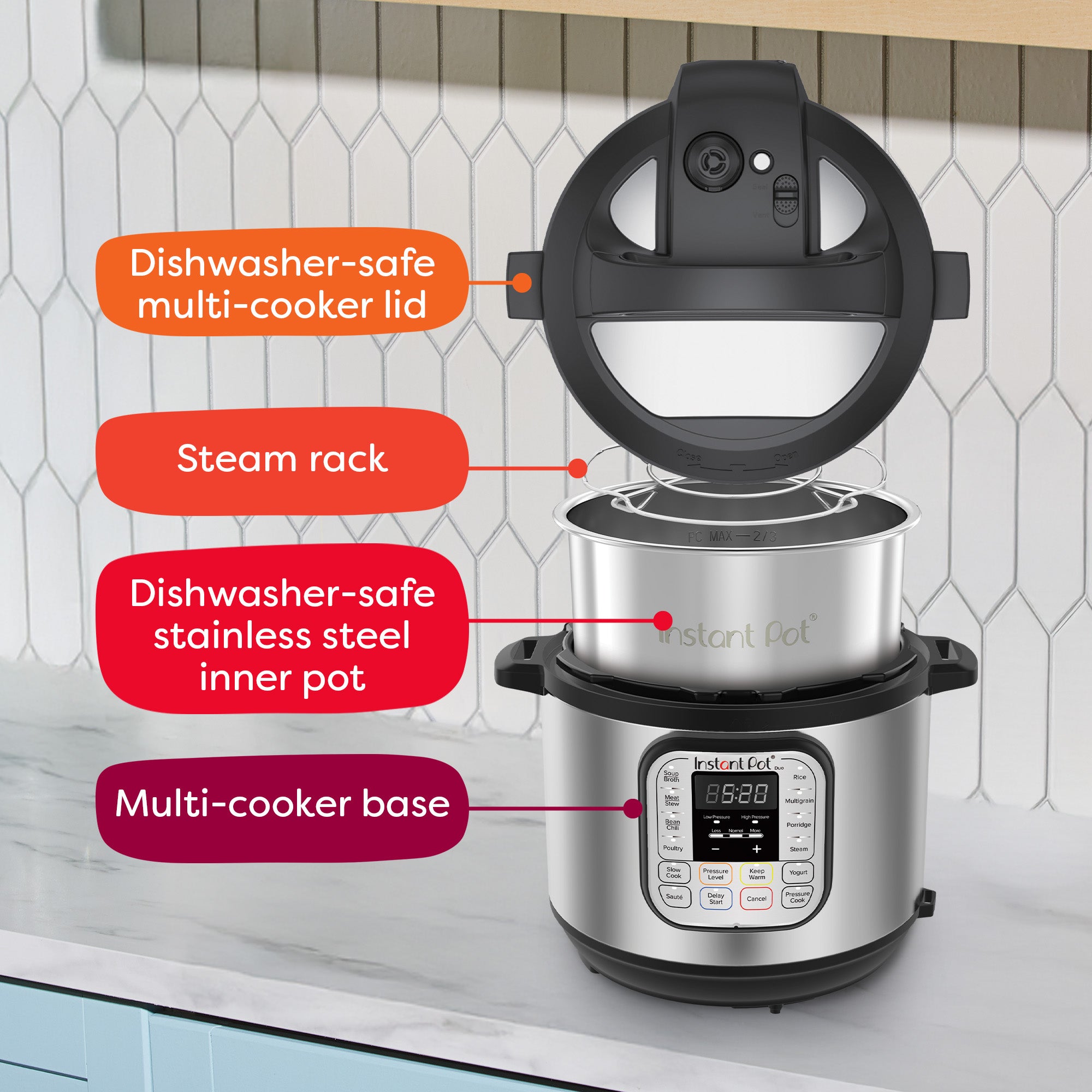 Exploded view of an Instant Pot Duo 8QT on a kitchen counter, displaying its labeled components: dishwasher-safe multi-cooker lid, steam rack, dishwasher-safe stainless steel inner pot, and the multi-cooker base. The background features a white tile backsplash and a light marble countertop.
