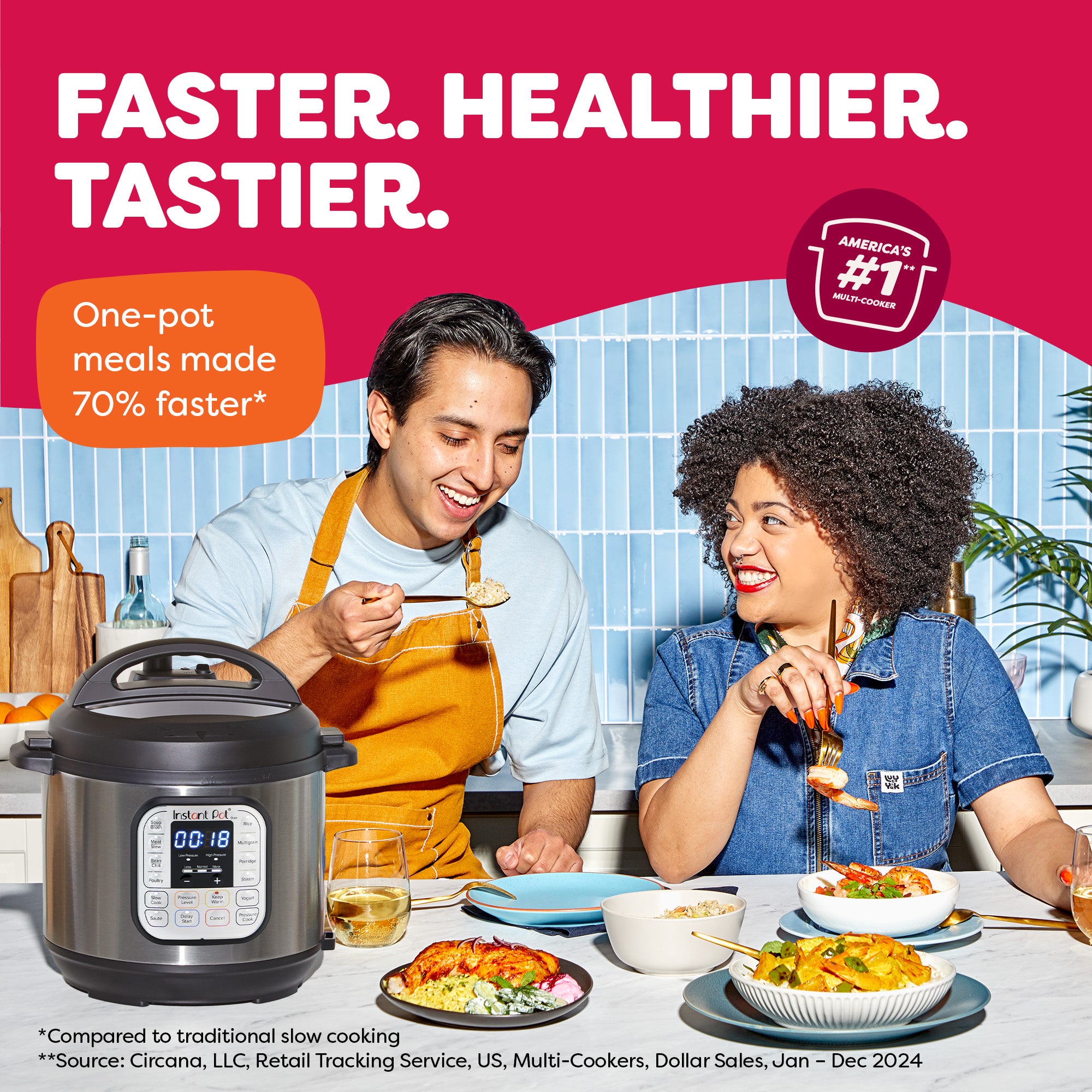 Promotional image featuring a smiling man and woman enjoying a meal together at a kitchen counter with an Instant Pot Duo 8QT in front of them. Bold text at the top reads 'Faster. Healthier. Tastier.' with a callout stating 'One-pot meals made 70% faster'. A badge highlights 'America’s #1 Multi-Cooker'. Fine print cites comparison to traditional slow cooking and sales data from Circana, LLC.