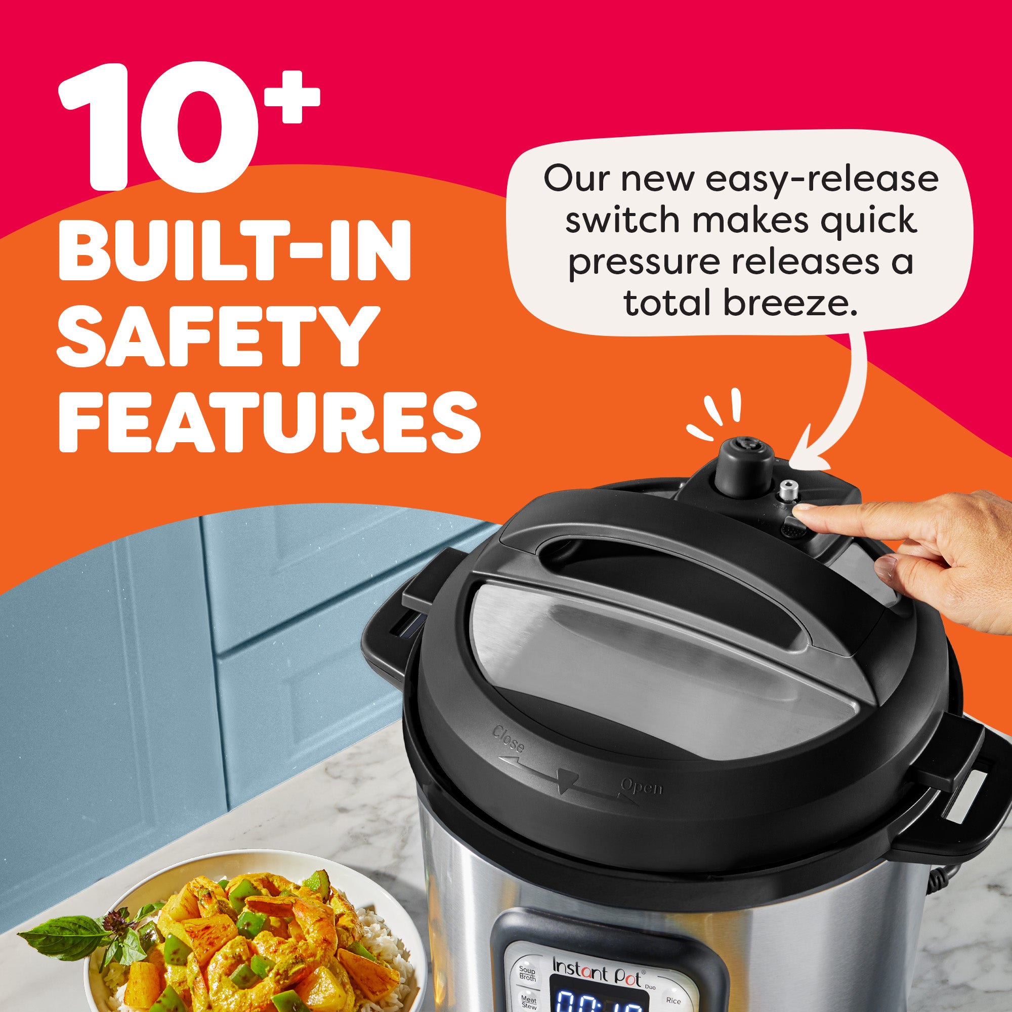Instant Pot Duo 8QT shown on a kitchen counter with a hand pressing the new easy-release steam switch on the lid. A callout reads, 'Our new easy-release switch makes quick pressure releases a total breeze.' Bold text above states '10+ Built-in Safety Features.' A bowl of food sits beside the appliance, with colorful orange and pink background accents.