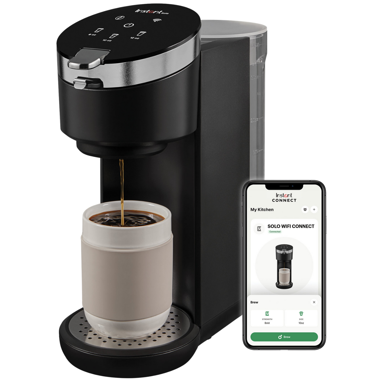 Front-facing view of the Instant Pot® Solo WiFi Connect Coffee Maker in action, dispensing coffee into a white travel tumbler mug. A phone screen image of the Instant Connect™ app is seen next to the appliance on a page highlighting the Solo WiFi Connect, indicating that the appliance is app-controllable and able to customize your beverages remotely.  
