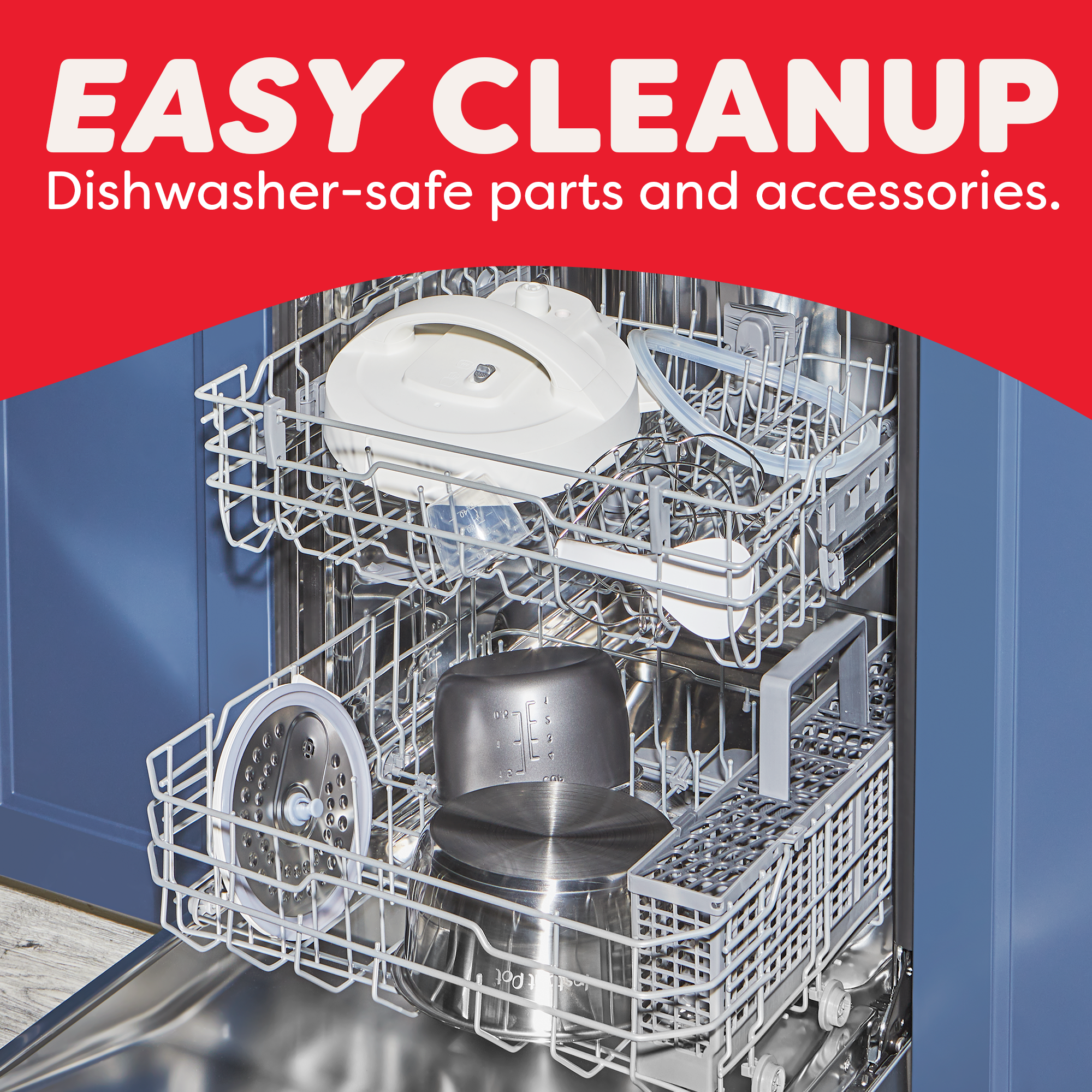 Sea Salt Dual Action Multi-Cooker parts are show in a dishwasher with ifo graphic saying it is easy to clean up.