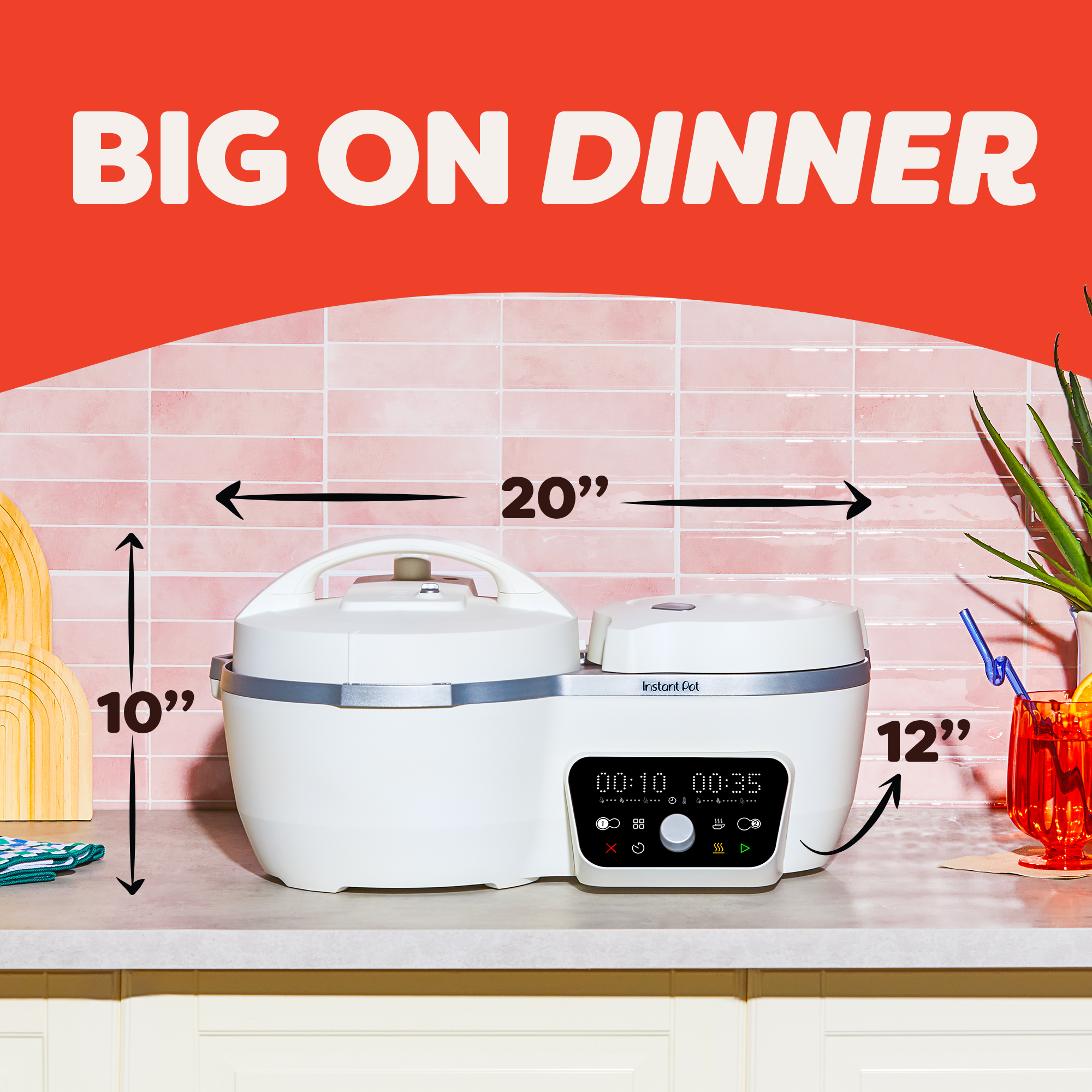 Sea Salt Dual Action Multi-Cooker showing dimensions of 20 inches wide, by 12 inches deep, by 10 inches tall.