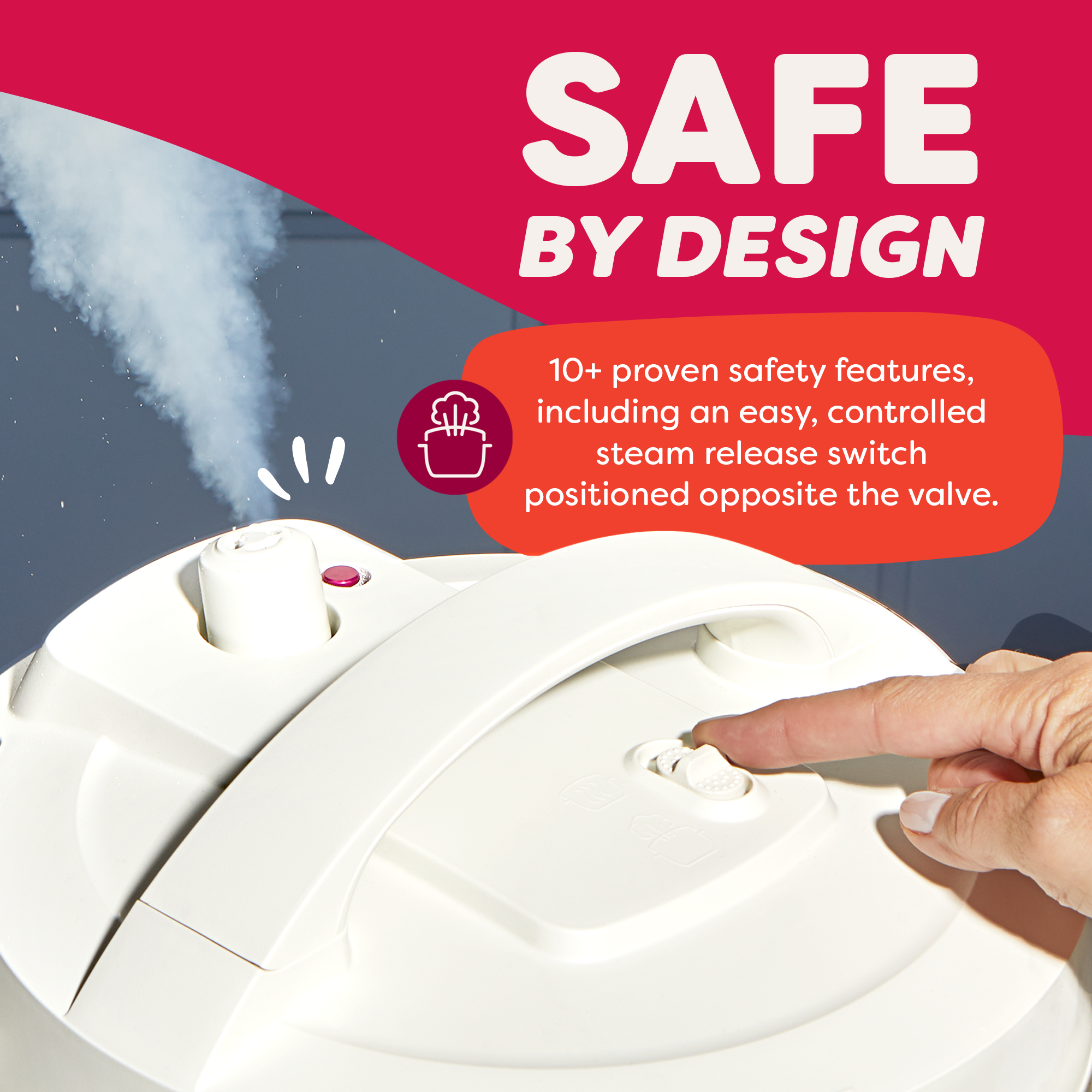Graphic showing steam releasing from the Dual Action Cooker. Steam release switch is far away from steam exiting unit.