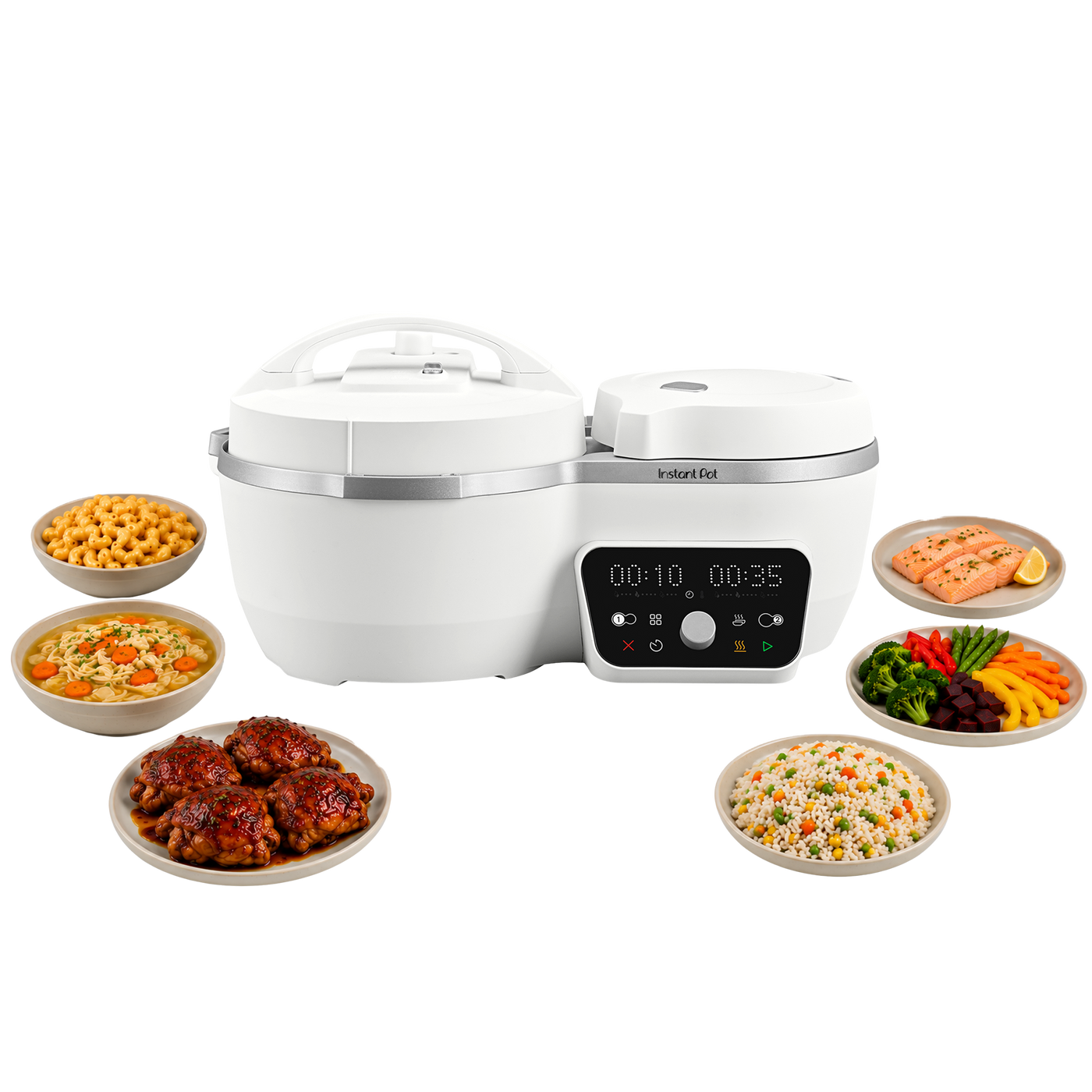Sea Salt Dual Action Multi-Cooker with lit up display on white background. Unit is surrounded by different meal options it can make.