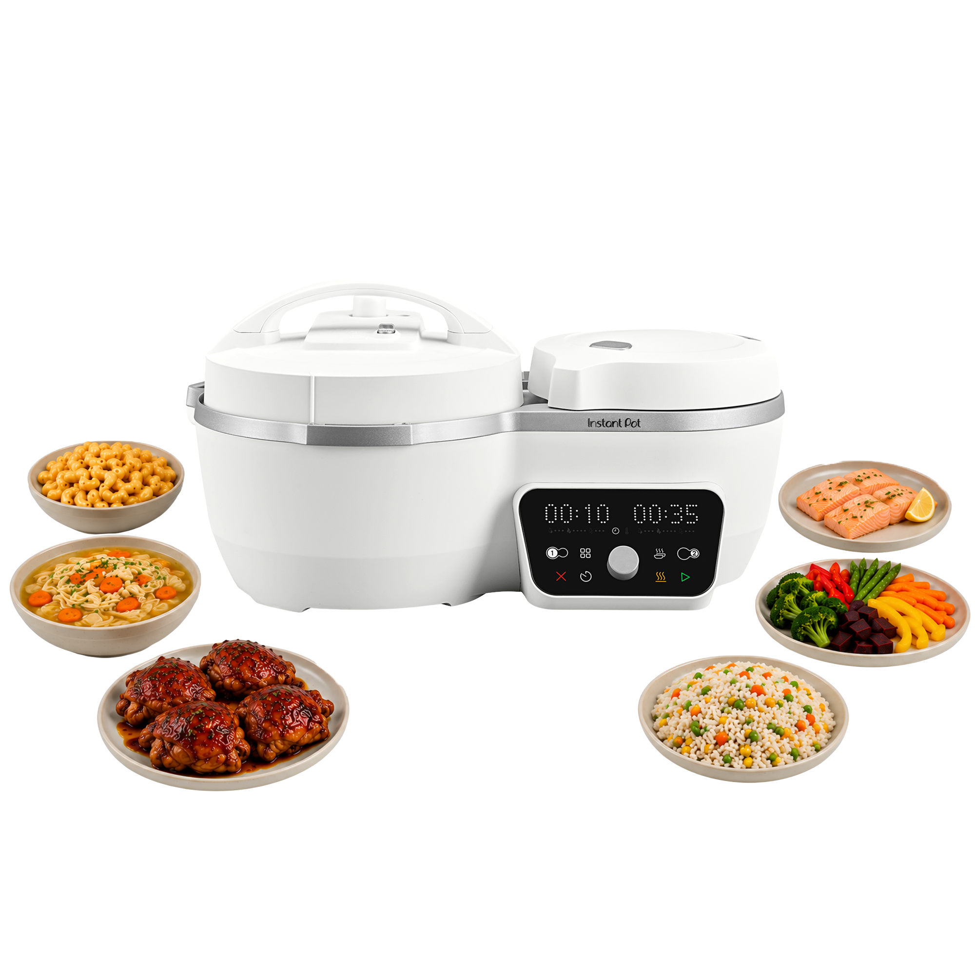 Sea Salt Dual Action Multi-Cooker with lit up display on white background. Unit is surrounded by different meal options it can make.