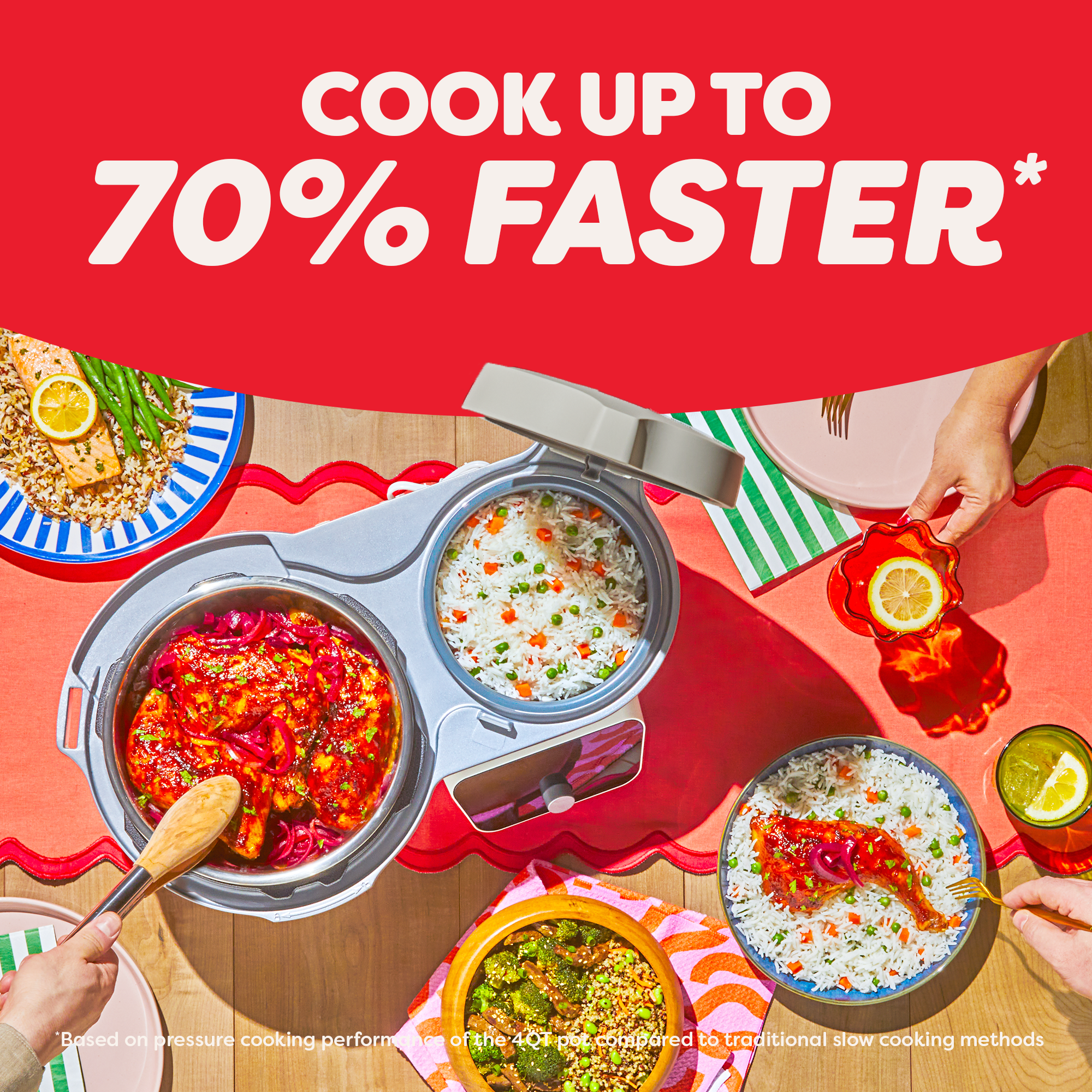 Sea Salt Dual Action Multi-Cooker with graphic above stating it can cook up to 70% faster than traditional cooking methods.