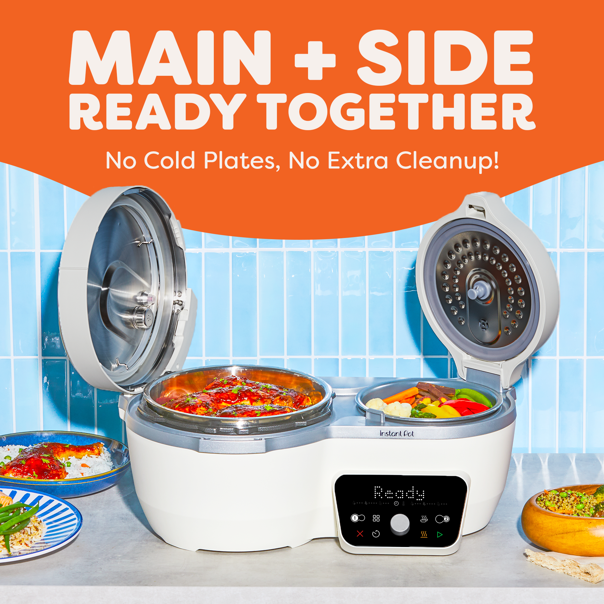 Sea Salt Dual Action Multi-Cooker open with food inside and with lit up display on countertop. Unit is surrounded by different meal options it can make. Text states your main dish and side can be ready at the same time.