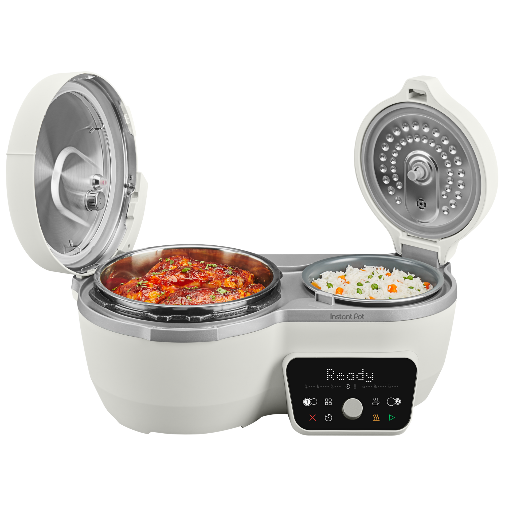 Sea Salt Dual Action Multi-Cooker with both lids open, revealing a larger main pot with glazed chicken and a smaller side pot with vegetable rice, shown against a transparent background with the control panel visible on the front.