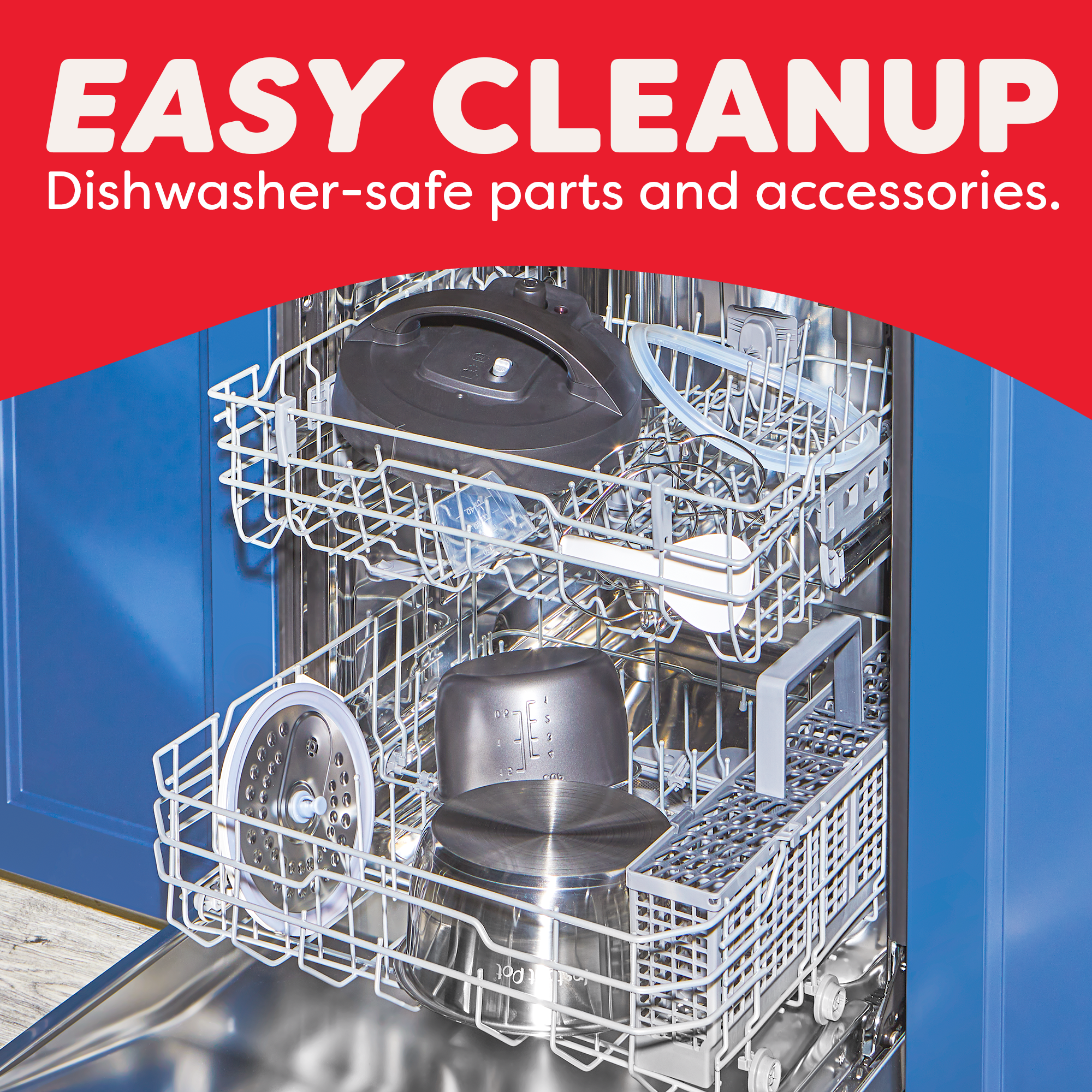 Black Dual Action Multi-Cooker parts are show in a dishwasher with ifo graphic saying it is easy to clean up.