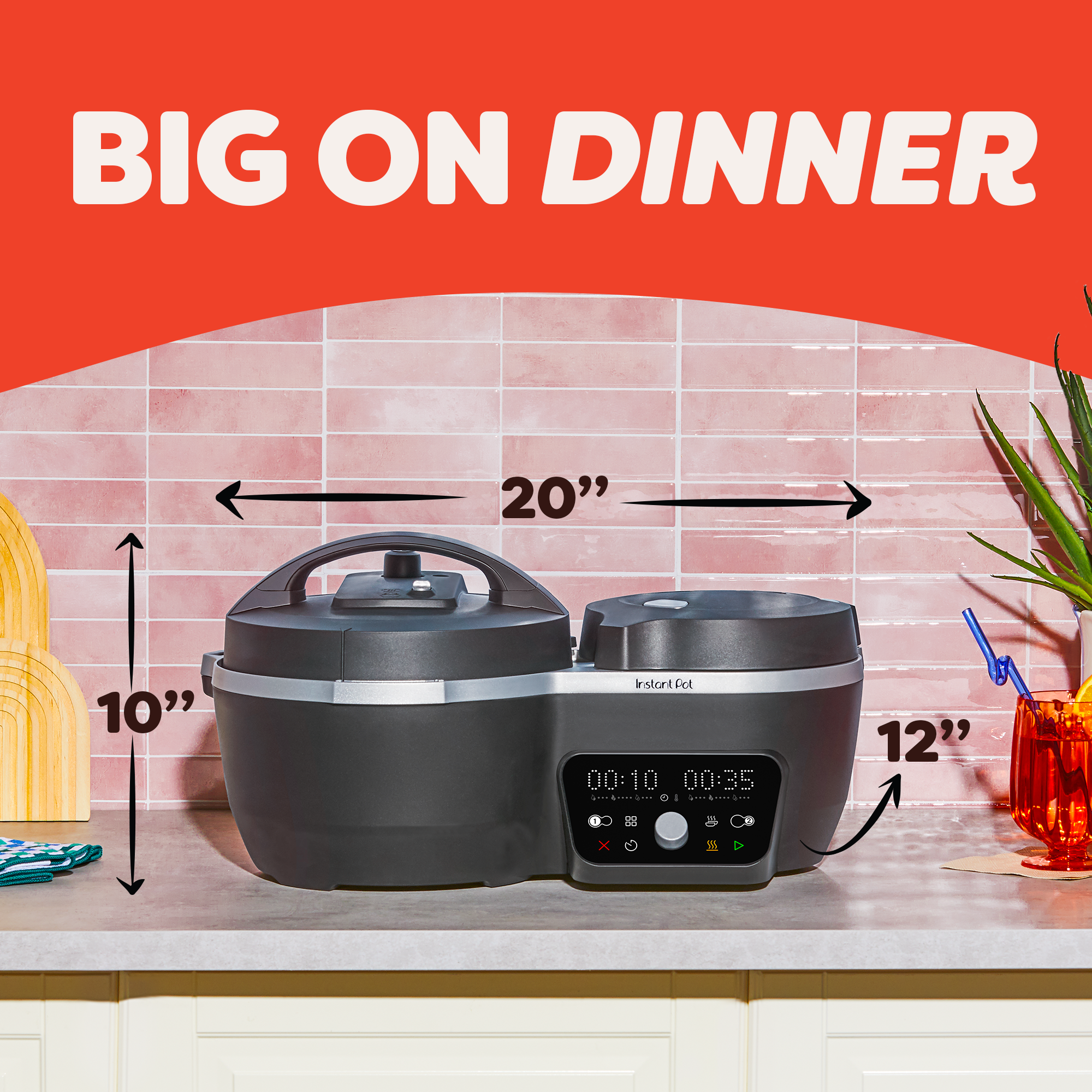 Black Dual Action Multi-Cooker showing dimensions of 20 inches wide, by 12 inches deep, by 10 inches tall.