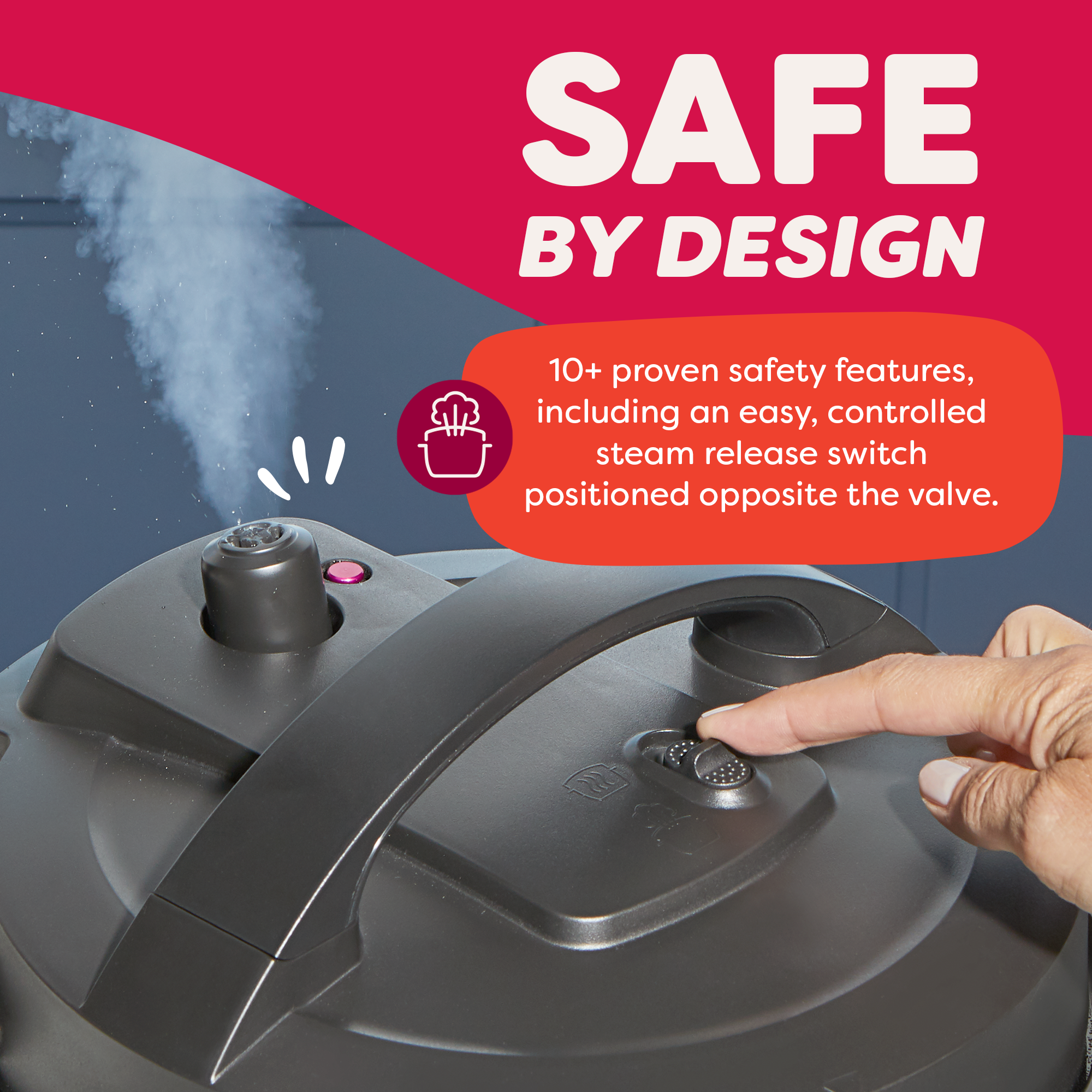 Graphic showing steam releasing from the Dual Action Cooker. Steam release switch is far away from steam exiting unit.