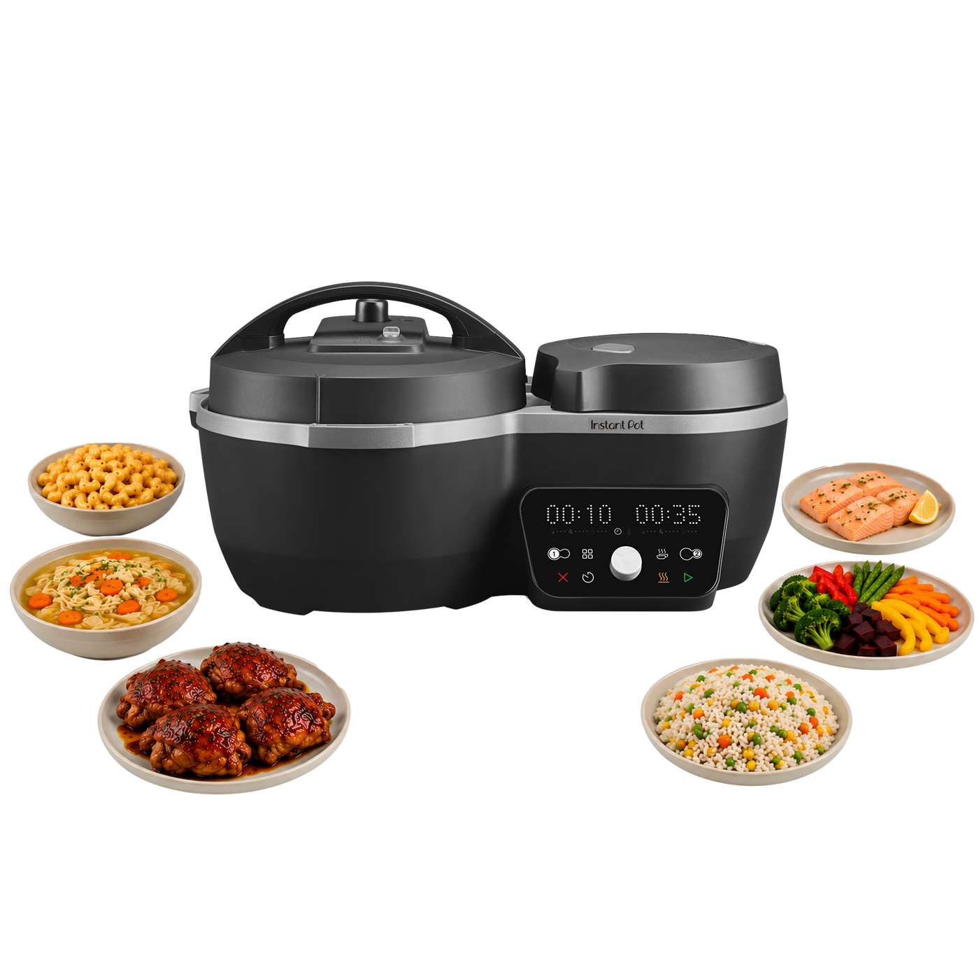 Black Dual Action Multi-Cooker with lit up display on white background. Unit is surrounded by different meal options it can make.